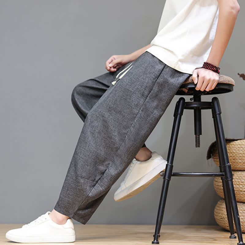 Buddha Stones Summer Casual Minimalist Drawstring Solid Cropped Pants Men's Tapered Pants With Pockets - image 17