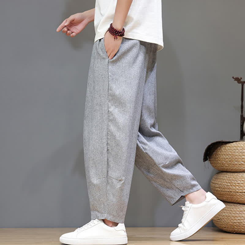 Buddha Stones Summer Casual Minimalist Drawstring Solid Cropped Pants Men's Tapered Pants With Pockets - image 21