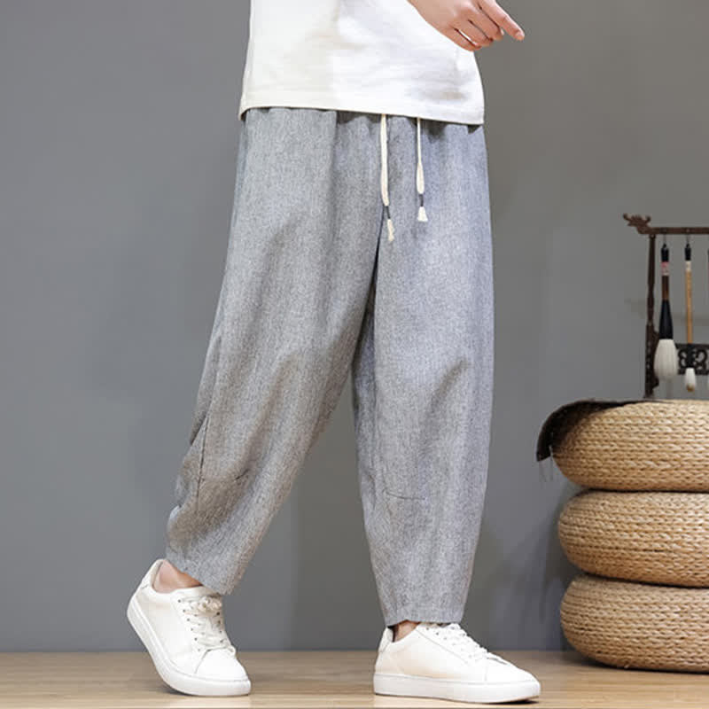 Buddha Stones Summer Casual Minimalist Drawstring Solid Cropped Pants Men's Tapered Pants With Pockets - image 25