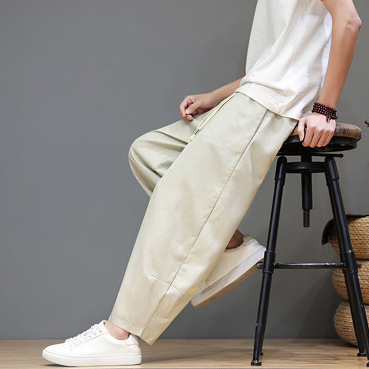 Buddha Stones Summer Casual Minimalist Drawstring Solid Cropped Pants Men's Tapered Pants With Pockets - image 38