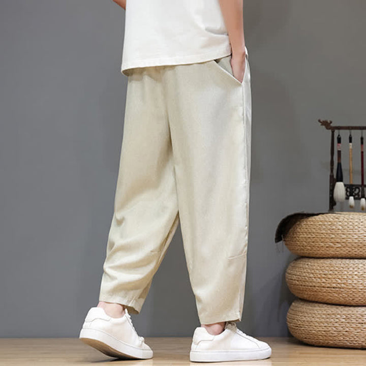 Buddha Stones Summer Casual Minimalist Drawstring Solid Cropped Pants Men's Tapered Pants With Pockets - image 33