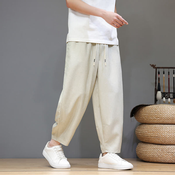 Buddha Stones Summer Casual Minimalist Drawstring Solid Cropped Pants Men's Tapered Pants With Pockets - Beige - US/UK/AU46, EU56 (5XL) - image 30