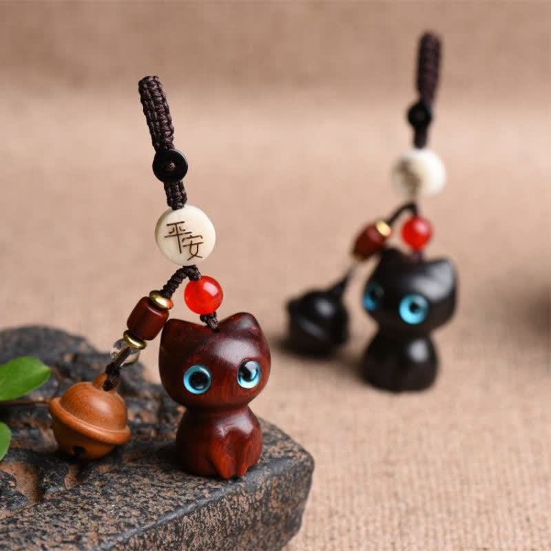Buddha Stones Ebony Wood & Red Sandalwood Hand Carved Cat Bell Protection Keychains - image 1