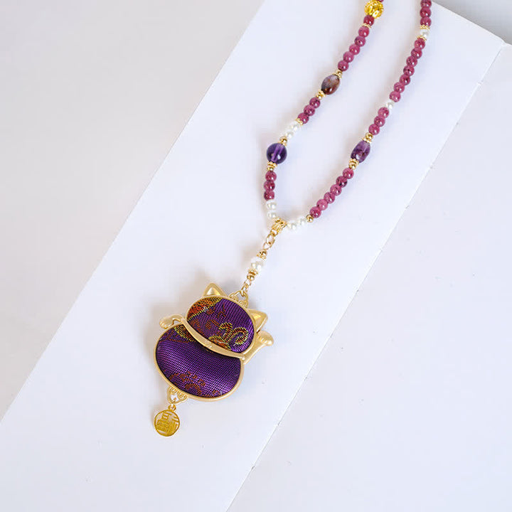 Buddha Stones Song Brocade Fabric Lucky Beckoning Cat Fu Character Blessing Necklace - image 3