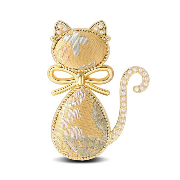 Buddha Stones Pearl Song Brocade Cat Bow Purity Brooch - Light Gold(Same Color Tone – Pattern Varies) - image 4