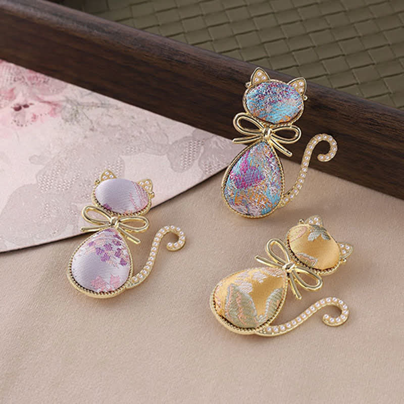 Buddha Stones Pearl Song Brocade Cat Bow Purity Brooch - image 3