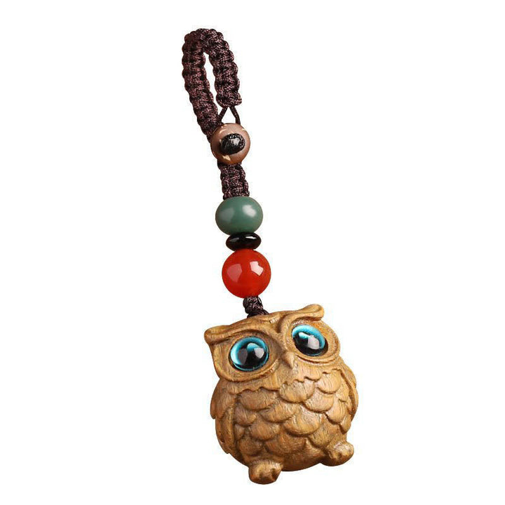 Buddha Stones Green Sandalwood Owl Serenity Hand Carved Braided Keychains - image 2