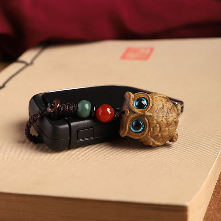 Buddha Stones Green Sandalwood Owl Serenity Hand Carved Braided Keychains - image 4