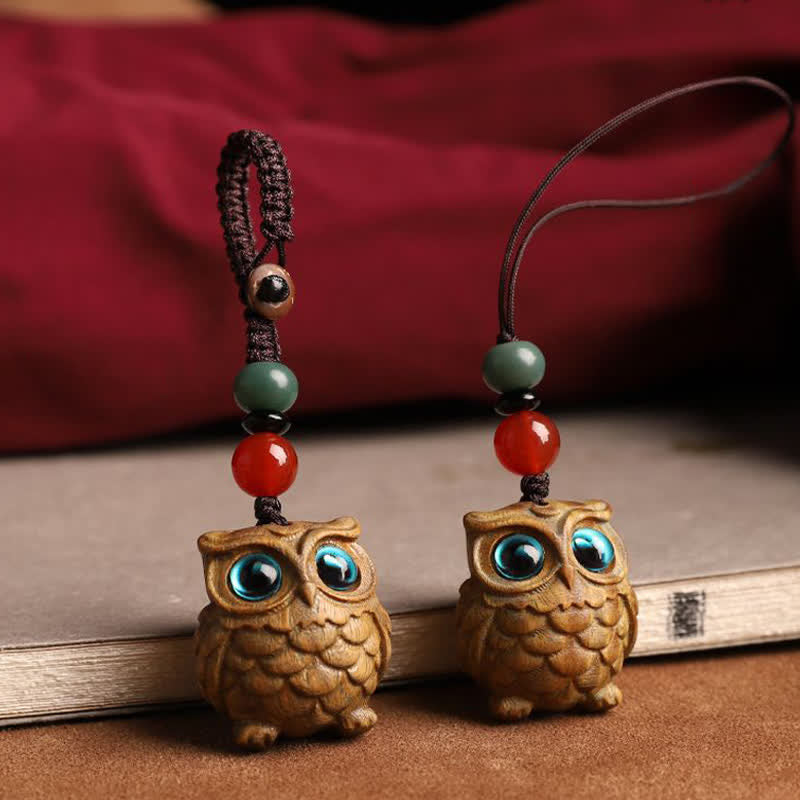 Buddha Stones Green Sandalwood Owl Serenity Hand Carved Braided Keychains - image 7