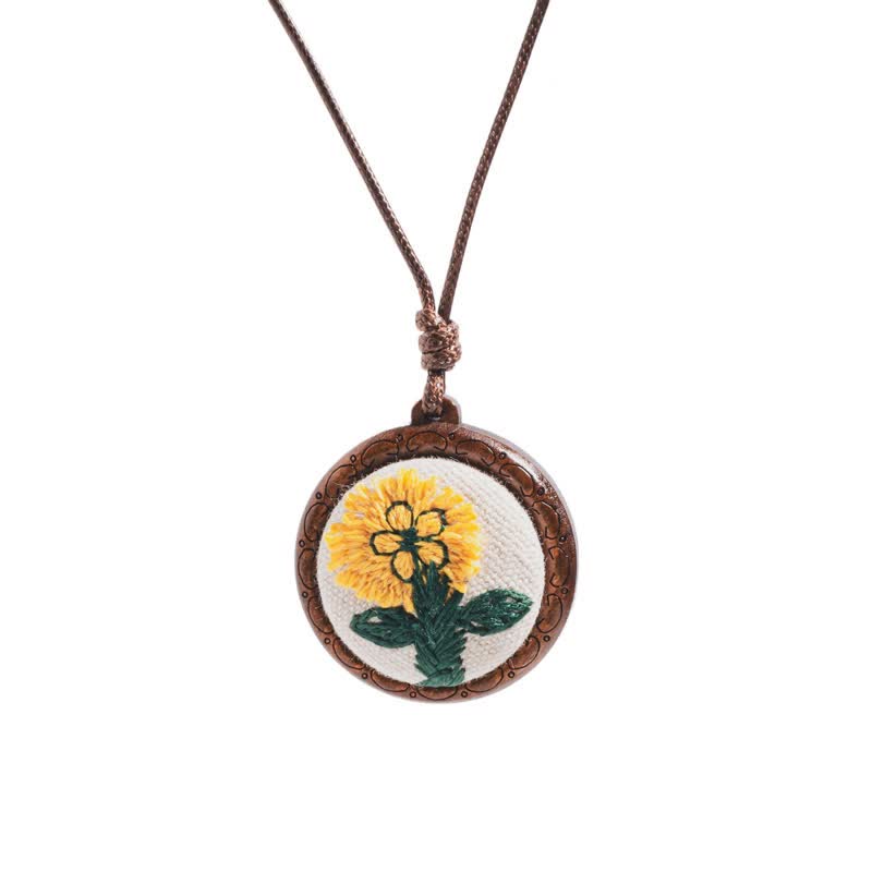 Buddha Stones Wooden Hand Carved Embroidered Flower Butterfly Grounding Round Necklace - Daisy - image 1