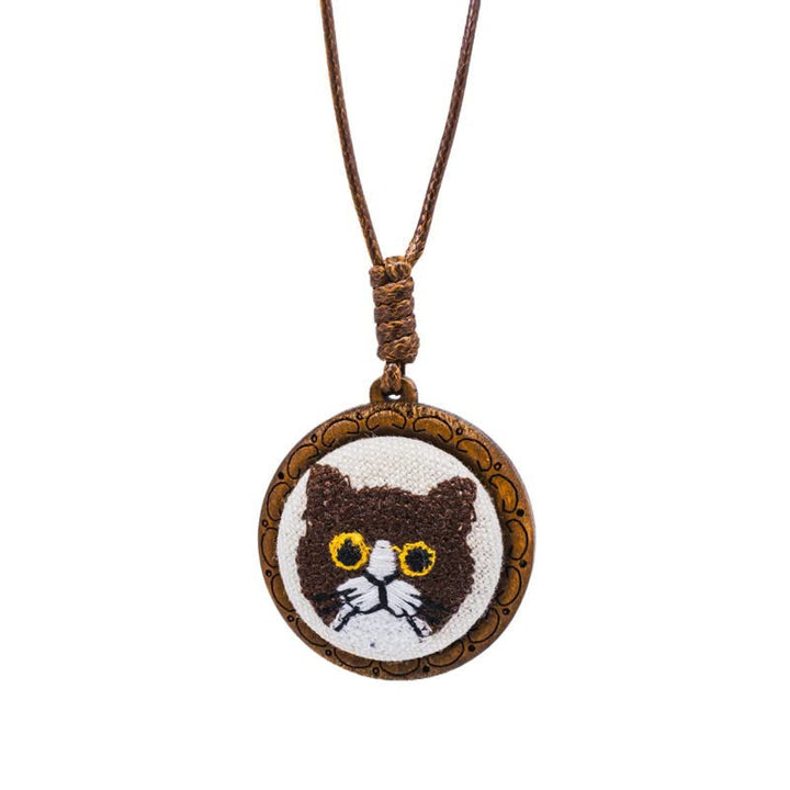Buddha Stones Wood Cat Luck Embroidered Round Pendant Necklace - Abyssinian - image 10