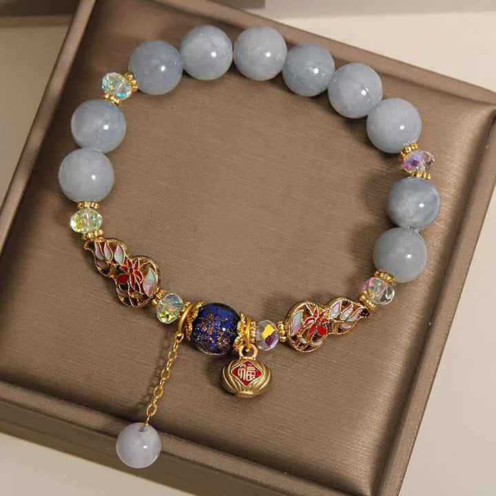 Buddha Stones Aquamarine Fu Character Luck Cloisonné Gourd Dangle Round Bracelet - image 3