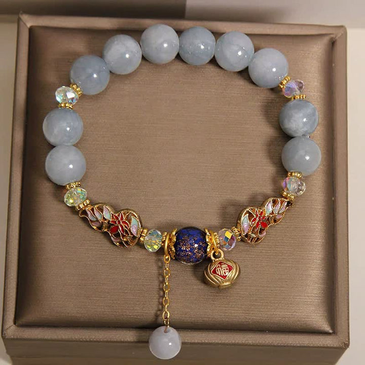 Buddha Stones Aquamarine Fu Character Luck Cloisonné Gourd Dangle Round Bracelet - image 4