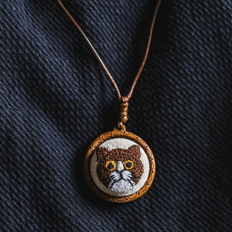 Buddha Stones Wood Cat Luck Embroidered Round Pendant Necklace - image 9
