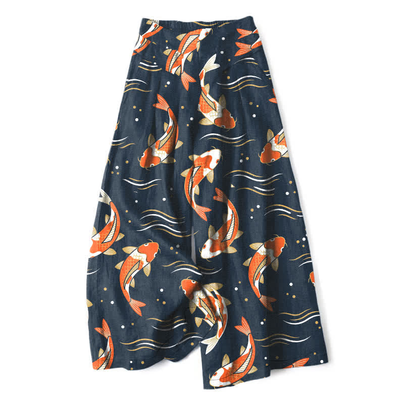 Buddha Stones Cotton Linen Koi Fish Pattern Women's Elastic Waist Wide Leg Pants With Pockets - Navy - US16，UK/AU20，EU48 (3XL) - image 0
