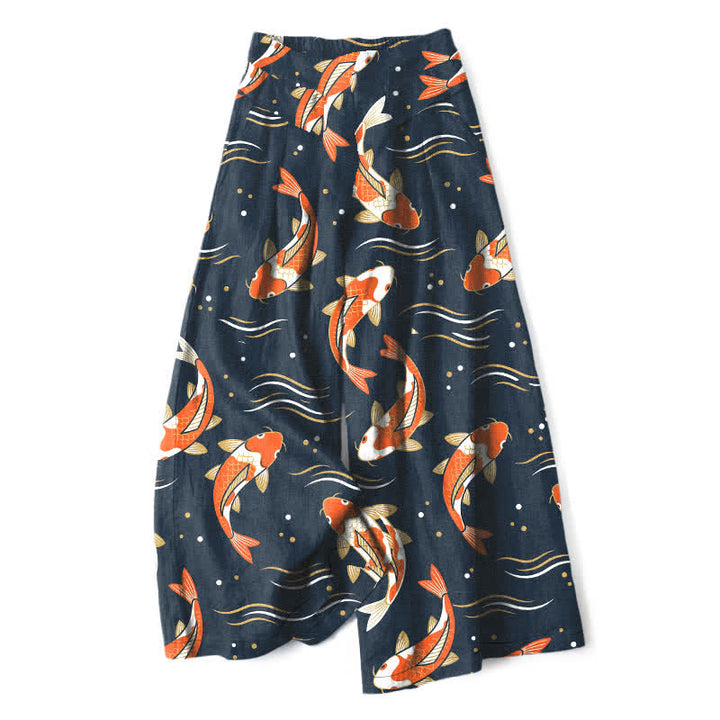 Buddha Stones Cotton Linen Koi Fish Pattern Women's Elastic Waist Wide Leg Pants With Pockets - Navy - US16，UK/AU20，EU48 (3XL) - image 0