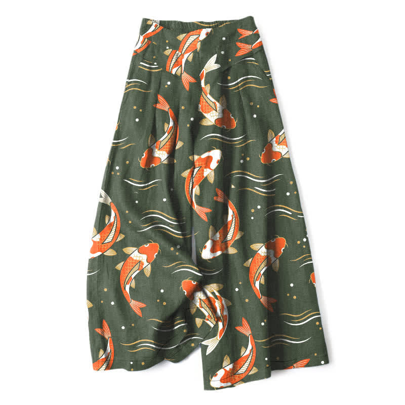 Buddha Stones Cotton Linen Koi Fish Pattern Women's Elastic Waist Wide Leg Pants With Pockets - DarkOliveGreen - US16，UK/AU20，EU48 (3XL) - image 7