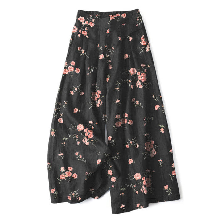 Buddha Stones Cotton Linen Vintage Rose Pattern Women's Elastic Waist Wide Leg Pants With Pockets - Black - US16，UK/AU20，EU48 (3XL) - image 0