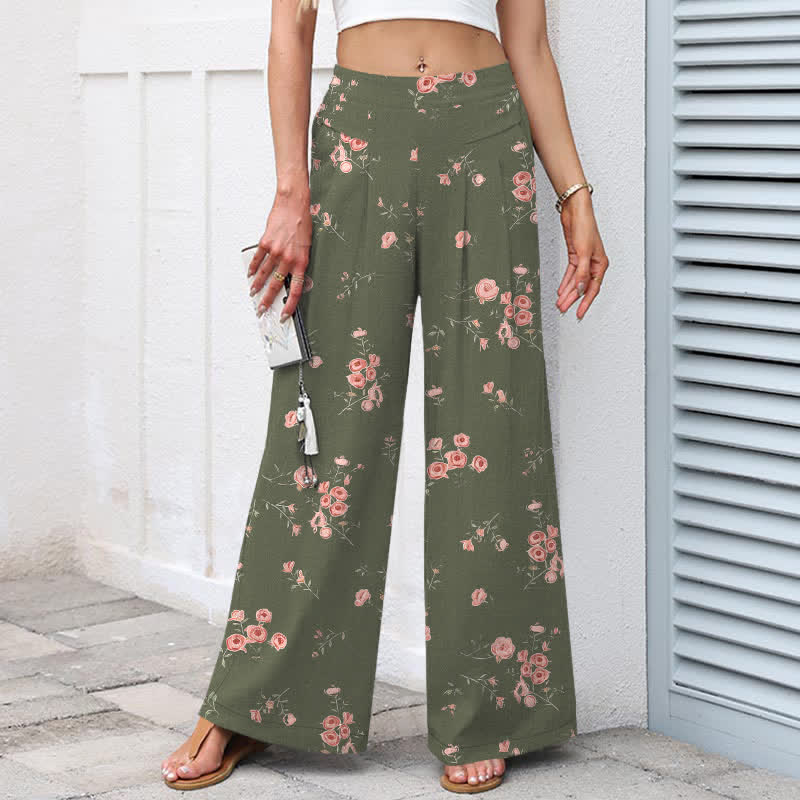 Buddha Stones Cotton Linen Vintage Rose Pattern Women's Elastic Waist Wide Leg Pants With Pockets - image 8