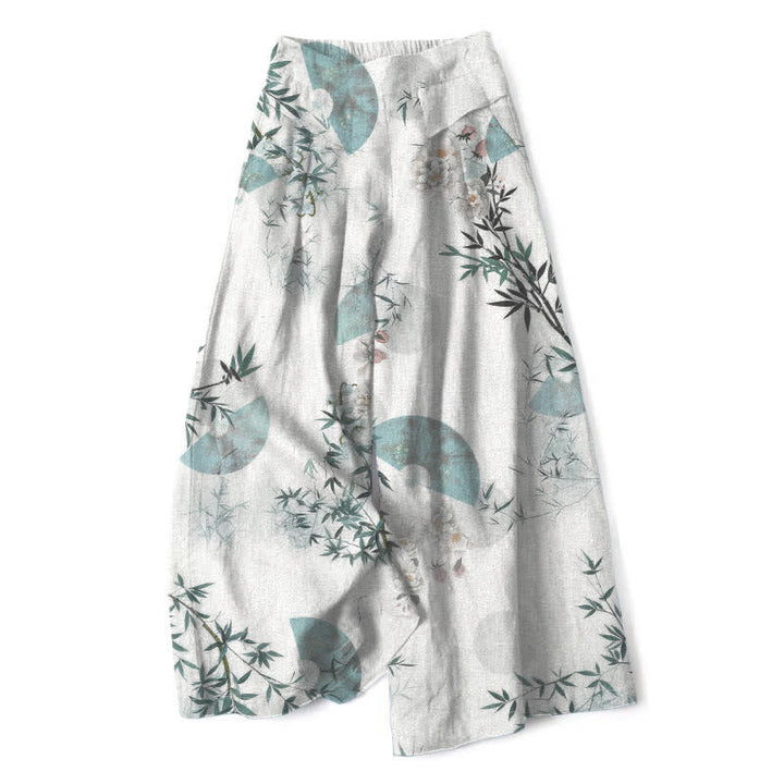 Buddha Stones Cotton Linen Oriental Bamboo Leaf Pattern Women's Elastic Waist Wide Leg Pants With Pockets - Ivory - US16，UK/AU20，EU48 (3XL) - image 0