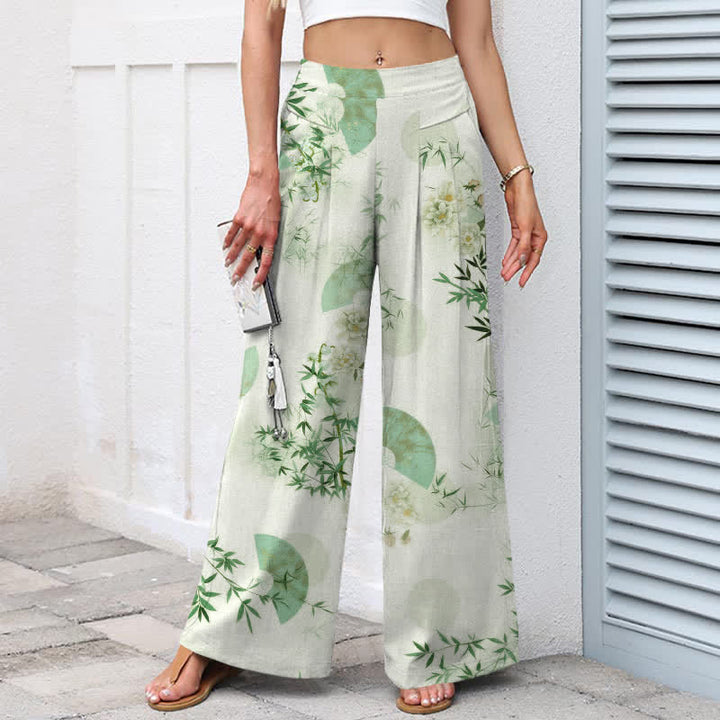 Buddha Stones Cotton Linen Oriental Bamboo Leaf Pattern Women's Elastic Waist Wide Leg Pants With Pockets - image 8