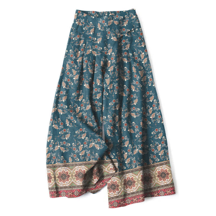 Buddha Stones Cotton Linen Bohemian Floral Pattern Women's Elastic Waist Wide Leg Pants With Pockets - Teal - US16，UK/AU20，EU48 (3XL) - image 0