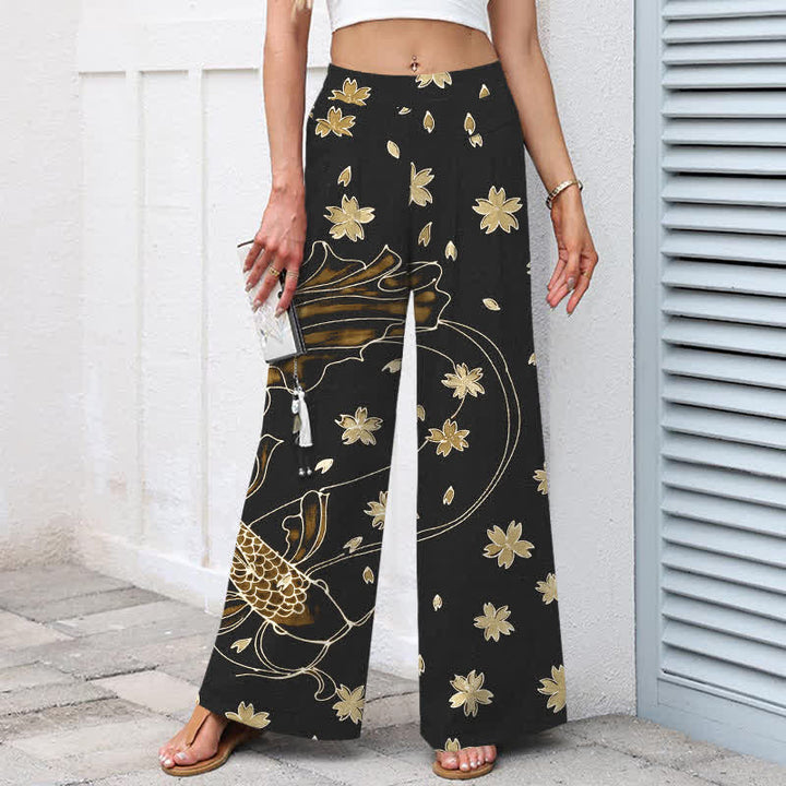 Buddha Stones Cotton Linen Koi Fish Floral Pattern Women's Elastic Waist Wide Leg Pants With Pockets - image 8