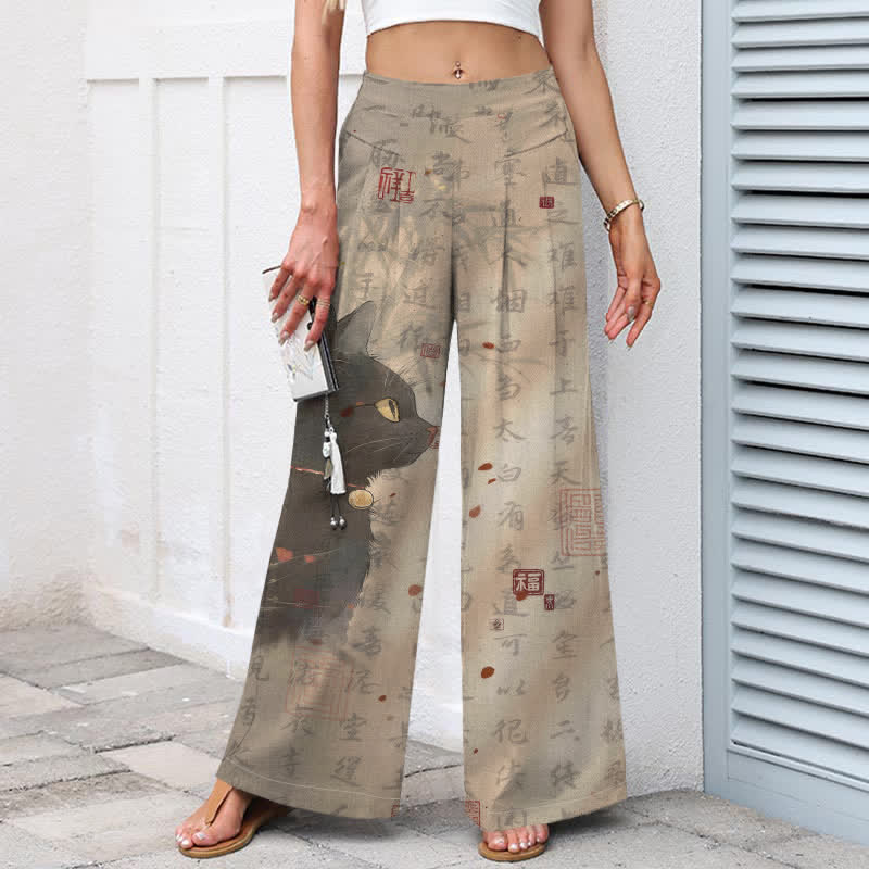 Buddha Stones Cotton Linen Calligraphy Cat Pattern Women's Elastic Waist Wide Leg Pants With Pockets - image 1