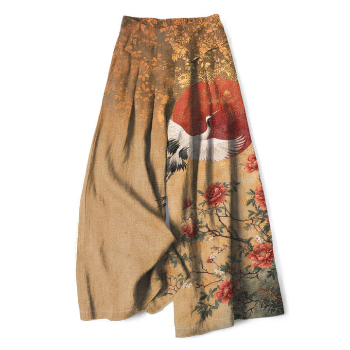 Buddha Stones Cotton Linen Crane Floral Pattern Women's Elastic Waist Wide Leg Pants With Pockets - Tan - US16，UK/AU20，EU48 (3XL) - image 0