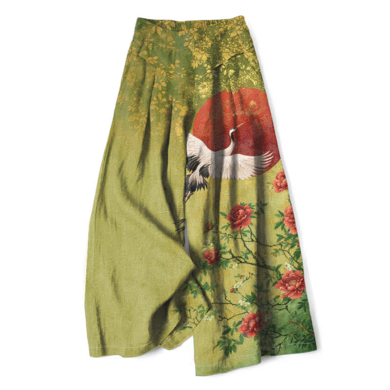 Buddha Stones Cotton Linen Crane Floral Pattern Women's Elastic Waist Wide Leg Pants With Pockets - YellowGreen - US16，UK/AU20，EU48 (3XL) - image 5