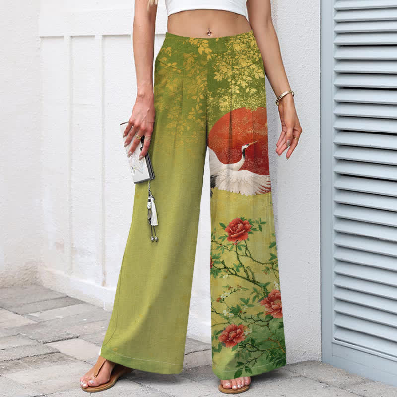 Buddha Stones Cotton Linen Crane Floral Pattern Women's Elastic Waist Wide Leg Pants With Pockets - image 6