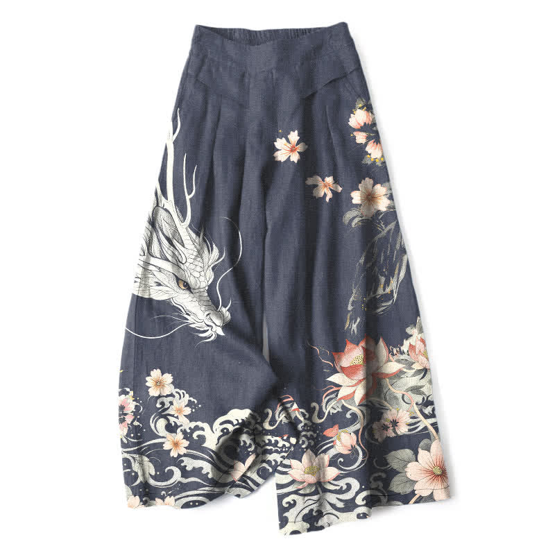 Buddha Stones Cotton Linen Oriental Dragon Pattern Women's Elastic Waist Wide Leg Pants With Pockets - Navy - US16，UK/AU20，EU48 (3XL) - image 5