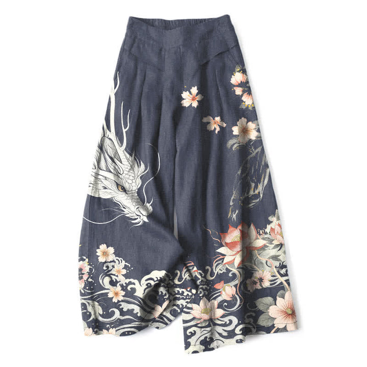 Buddha Stones Cotton Linen Oriental Dragon Pattern Women's Elastic Waist Wide Leg Pants With Pockets - Navy - US16，UK/AU20，EU48 (3XL) - image 5