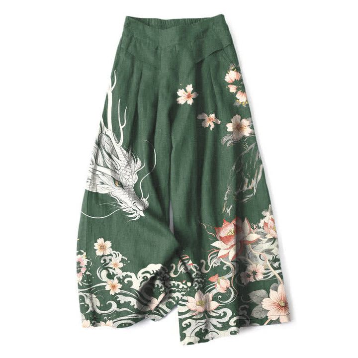 Buddha Stones Cotton Linen Oriental Dragon Pattern Women's Elastic Waist Wide Leg Pants With Pockets - ForestGreen - US16，UK/AU20，EU48 (3XL) - image 7