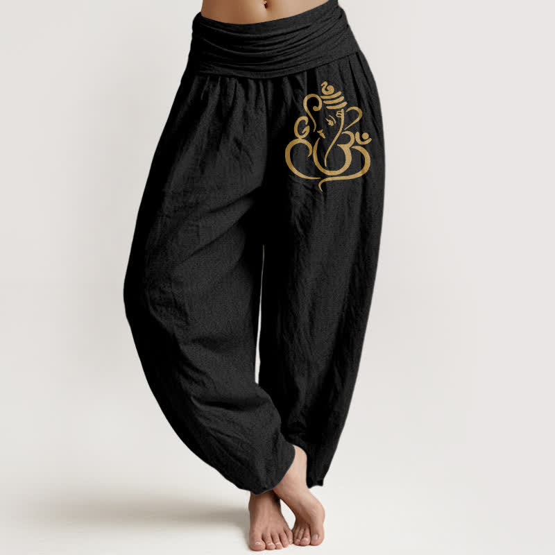 Buddha Stones Pure Cotton Golden Ganesha Pattern Women's Elastic Waist Harem Pants - Black - US16，UK/AU20，EU48 (3XL) - image 0