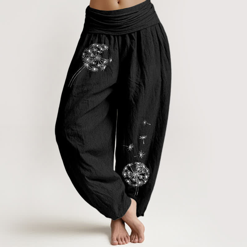 Buddha Stones Pure Cotton Dandelion Seeds Pattern Women's Elastic Waist Harem Pants - Black - US16，UK/AU20，EU48 (3XL) - image 5