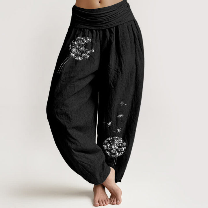 Buddha Stones Pure Cotton Dandelion Seeds Pattern Women's Elastic Waist Harem Pants - Black - US16，UK/AU20，EU48 (3XL) - image 5