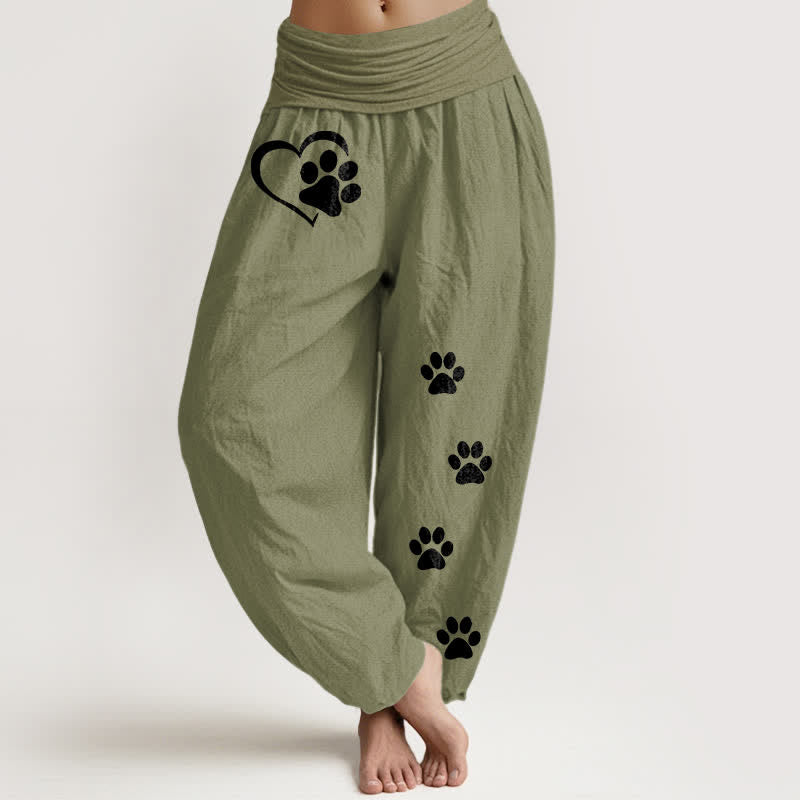 Buddha Stones Pure Cotton Heart Paw Print Pattern Women's Elastic Waist Harem Pants - OliveDrab - US16，UK/AU20，EU48 (3XL) - image 11