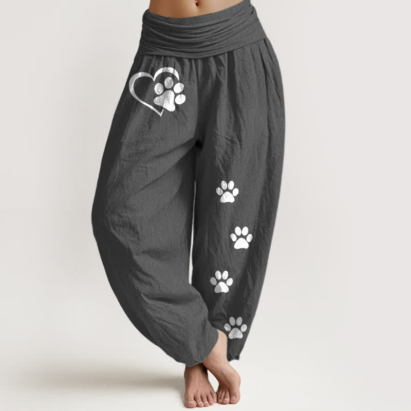 Buddha Stones Pure Cotton Heart Paw Print Pattern Women's Elastic Waist Harem Pants - DimGray - US16，UK/AU20，EU48 (3XL) - image 8