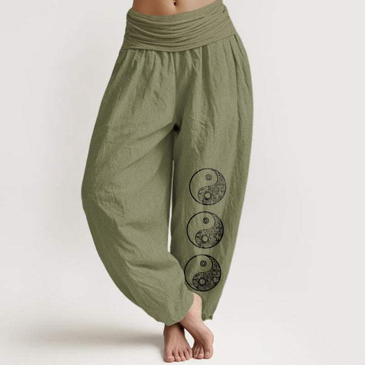 Buddha Stones Pure Cotton Yin Yang Pattern Women's Elastic Waist Harem Pants - OliveDrab - US16，UK/AU20，EU48 (3XL) - image 11