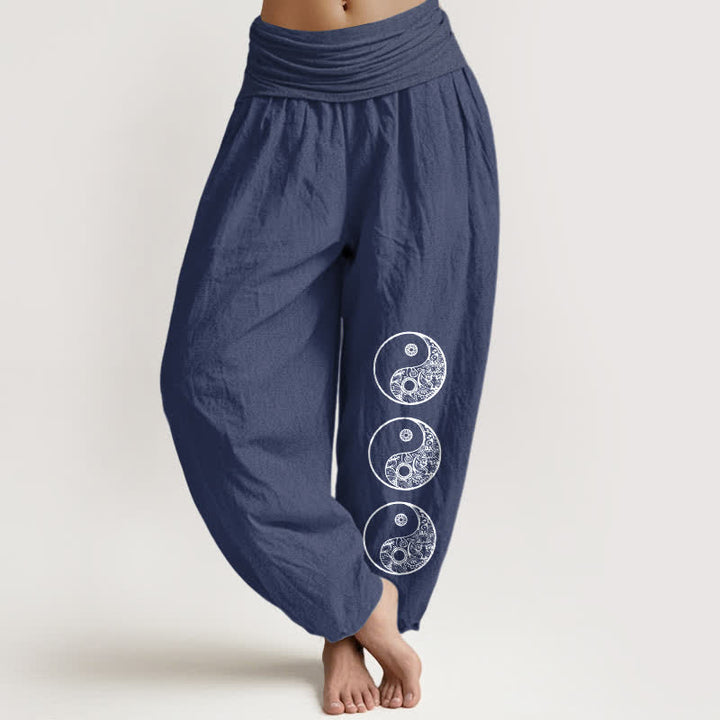 Buddha Stones Pure Cotton Yin Yang Pattern Women's Elastic Waist Harem Pants - DarkSlateBlue - US16，UK/AU20，EU48 (3XL) - image 8