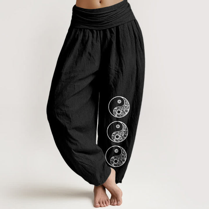 Buddha Stones Pure Cotton Yin Yang Pattern Women's Elastic Waist Harem Pants - Black - US16，UK/AU20，EU48 (3XL) - image 5
