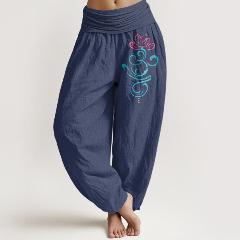 Buddha Stones Pure Cotton Lotus Vine Pattern Women's Elastic Waist Harem Pants - DarkSlateBlue - US16，UK/AU20，EU48 (3XL) - image 5