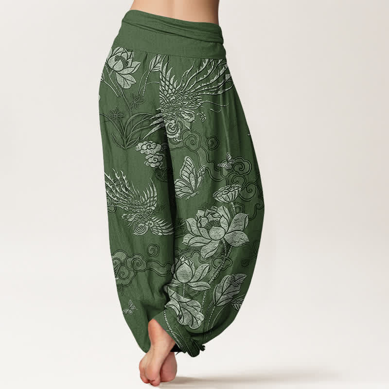 Buddha Stones Cotton Lotus Bird Pattern Women's Elastic Waist Harem Pants - image 1