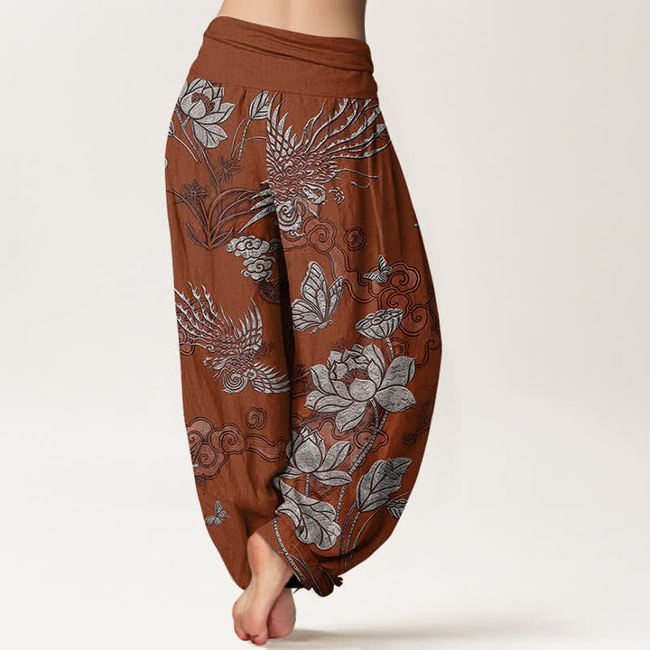 Buddha Stones Cotton Lotus Bird Pattern Women's Elastic Waist Harem Pants - image 9