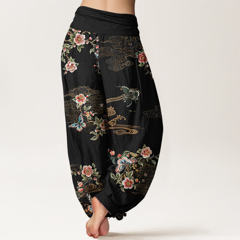 Buddha Stones Pure Cotton Floral Butterfly Pattern Women's Elastic Waist Harem Pants - image 1