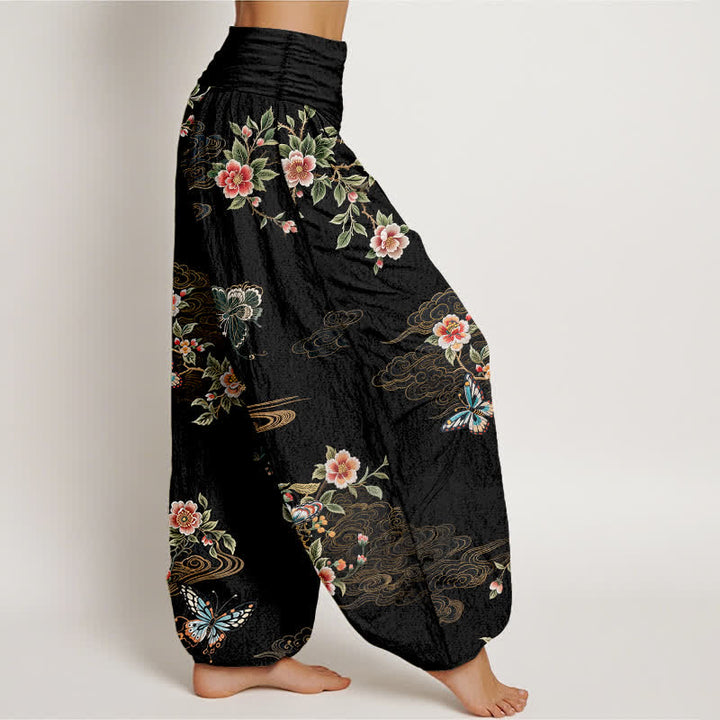 Buddha Stones Pure Cotton Floral Butterfly Pattern Women's Elastic Waist Harem Pants - image 2