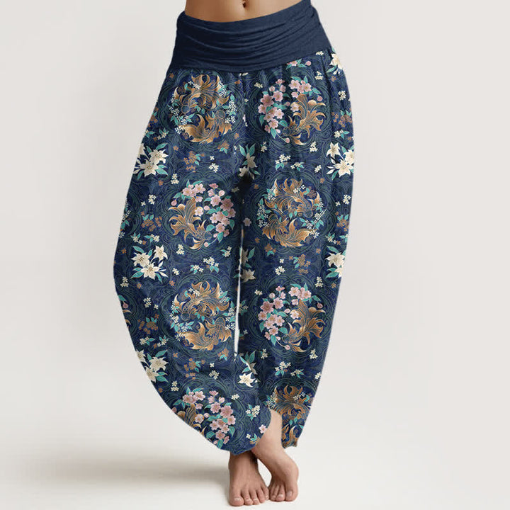 Buddha Stones Pure Cotton Floral Medallion Pattern Women's Elastic Waist Harem Pants - Navy - US16，UK/AU20，EU48 (3XL) - image 0