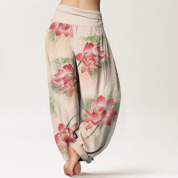 Buddha Stones Cotton Lotus Bloom Pattern Women's Elastic Waist Harem Pants - image 1