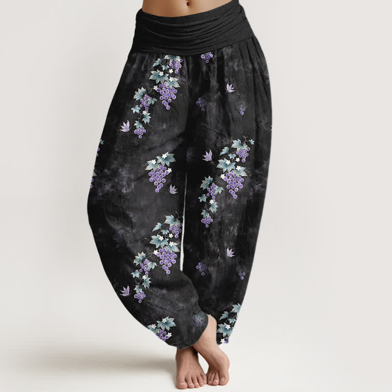 Buddha Stones Cotton Vintage Grape Vine Pattern Women's Elastic Waist Harem Pants - Black - US16，UK/AU20，EU48 (3XL) - image 0